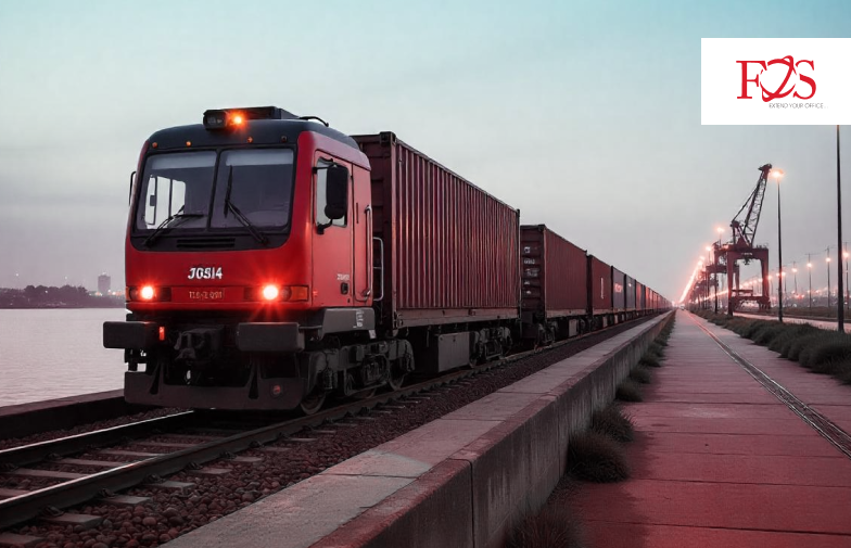 A train with containers in the back on a red circle with red background and a FOS Desk logo