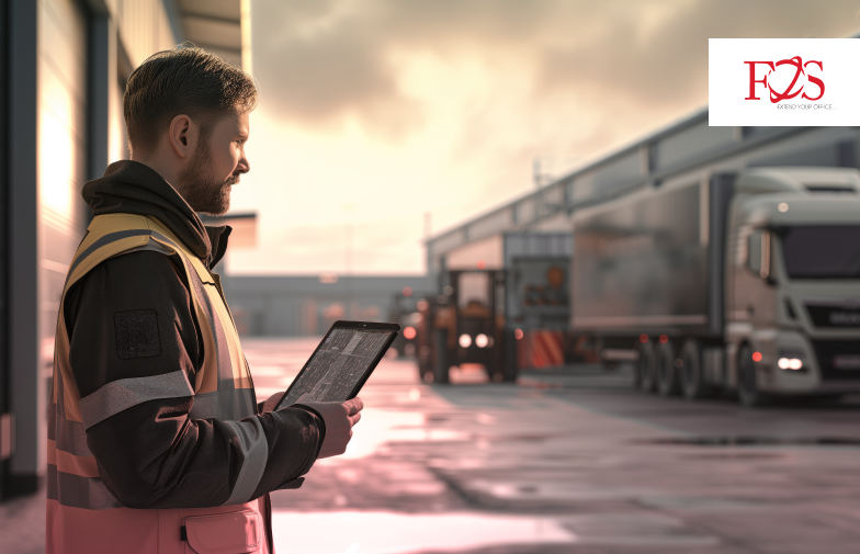 A guy stand with a tablet infornt of truck to inspect Transloading and OTR Services with fosdesk logo